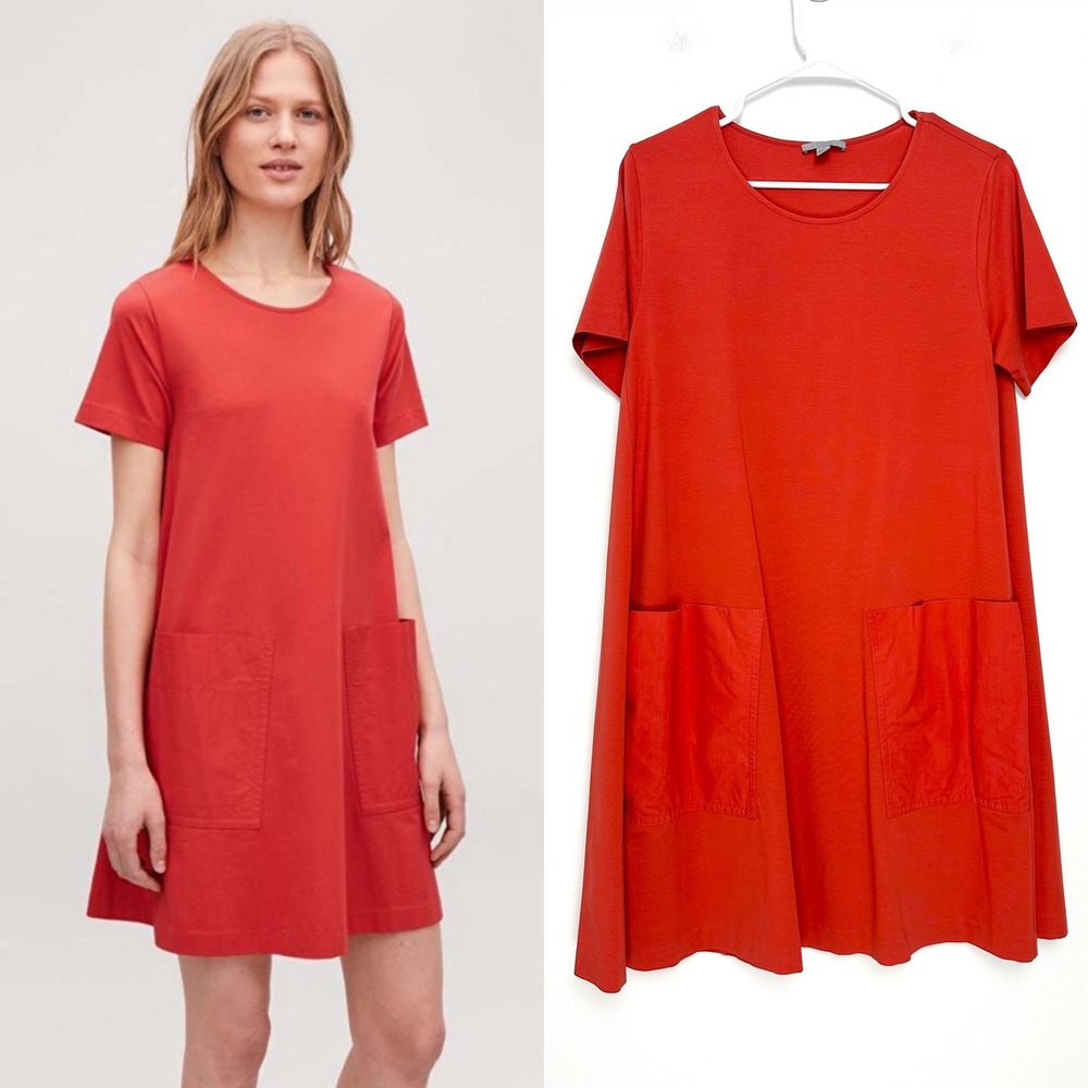 COS Red Orange Short Sleeve A-Line T-Shirt Dress with Pockets Size M
